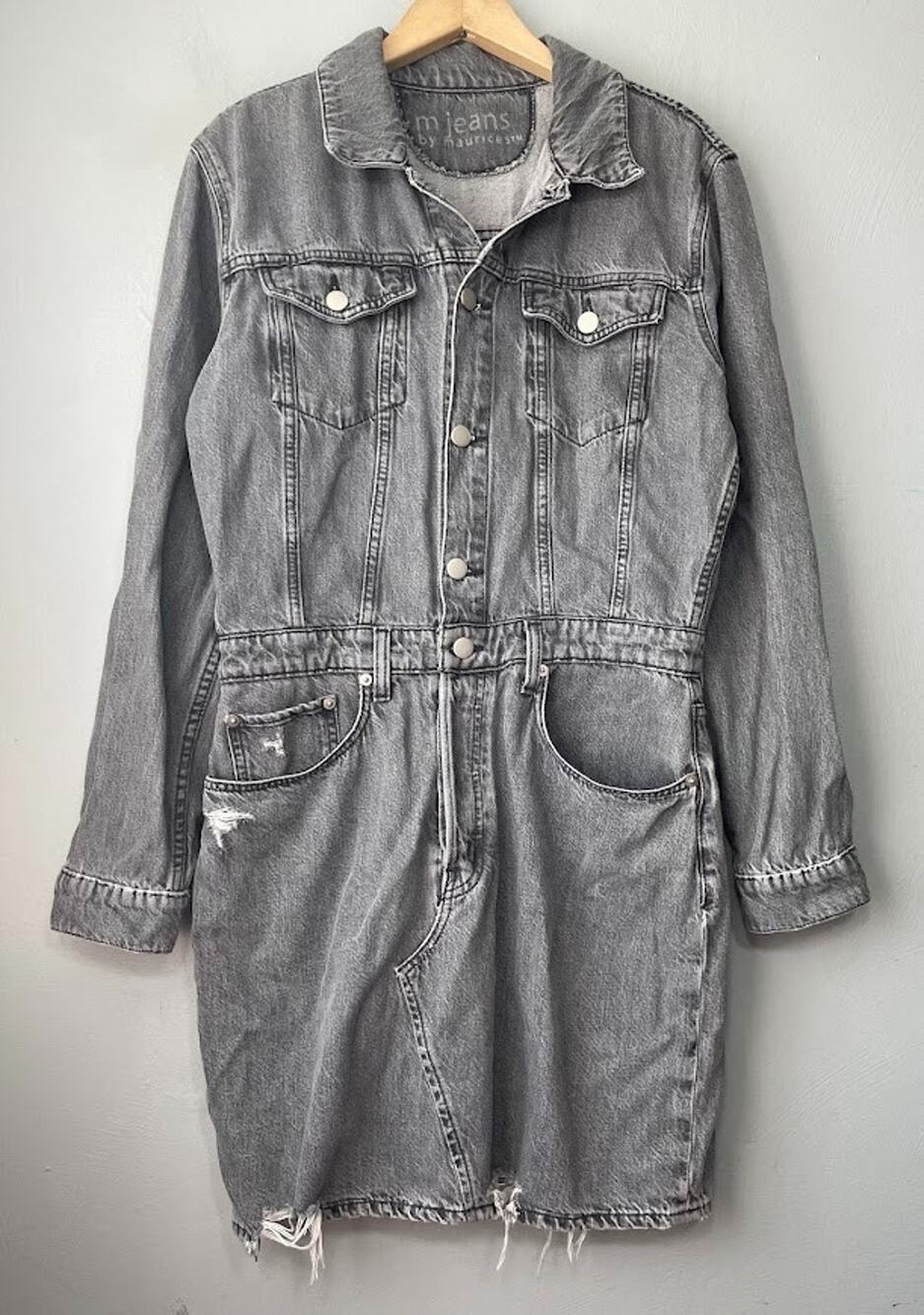 M Jeans Maurices Denim Dress Size M Gray Distressed Button Grunge Boho Thrashed